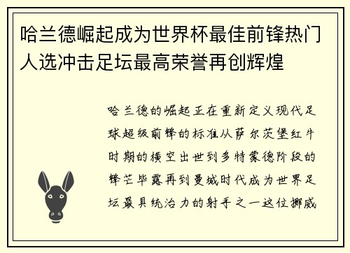 哈兰德崛起成为世界杯最佳前锋热门人选冲击足坛最高荣誉再创辉煌